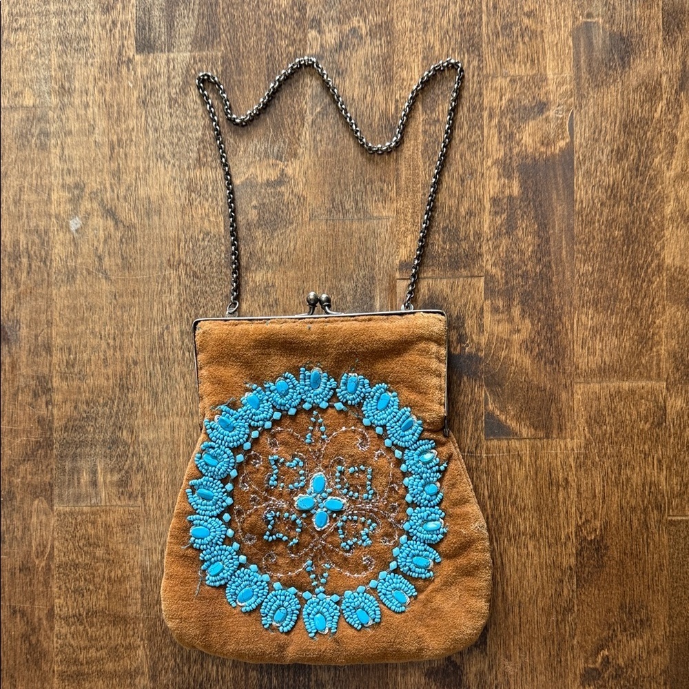Vintage Boho Caramel Brown Velveteen & Blue Beaded Chain Bag